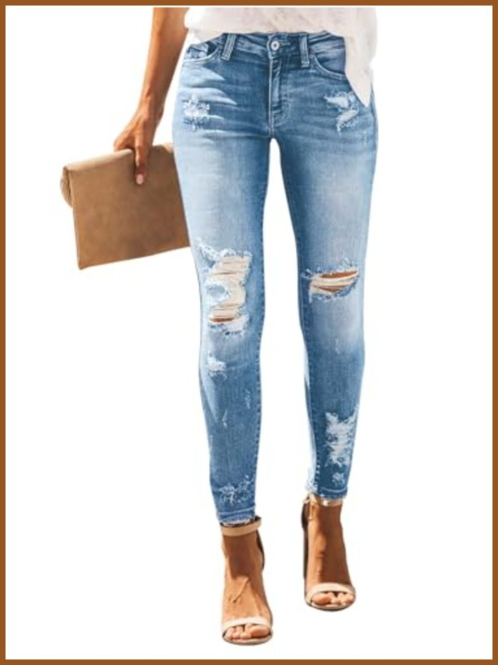 Skinny Ripped Distressed Stretch Denim Jeans Mid Rise Raw Hem